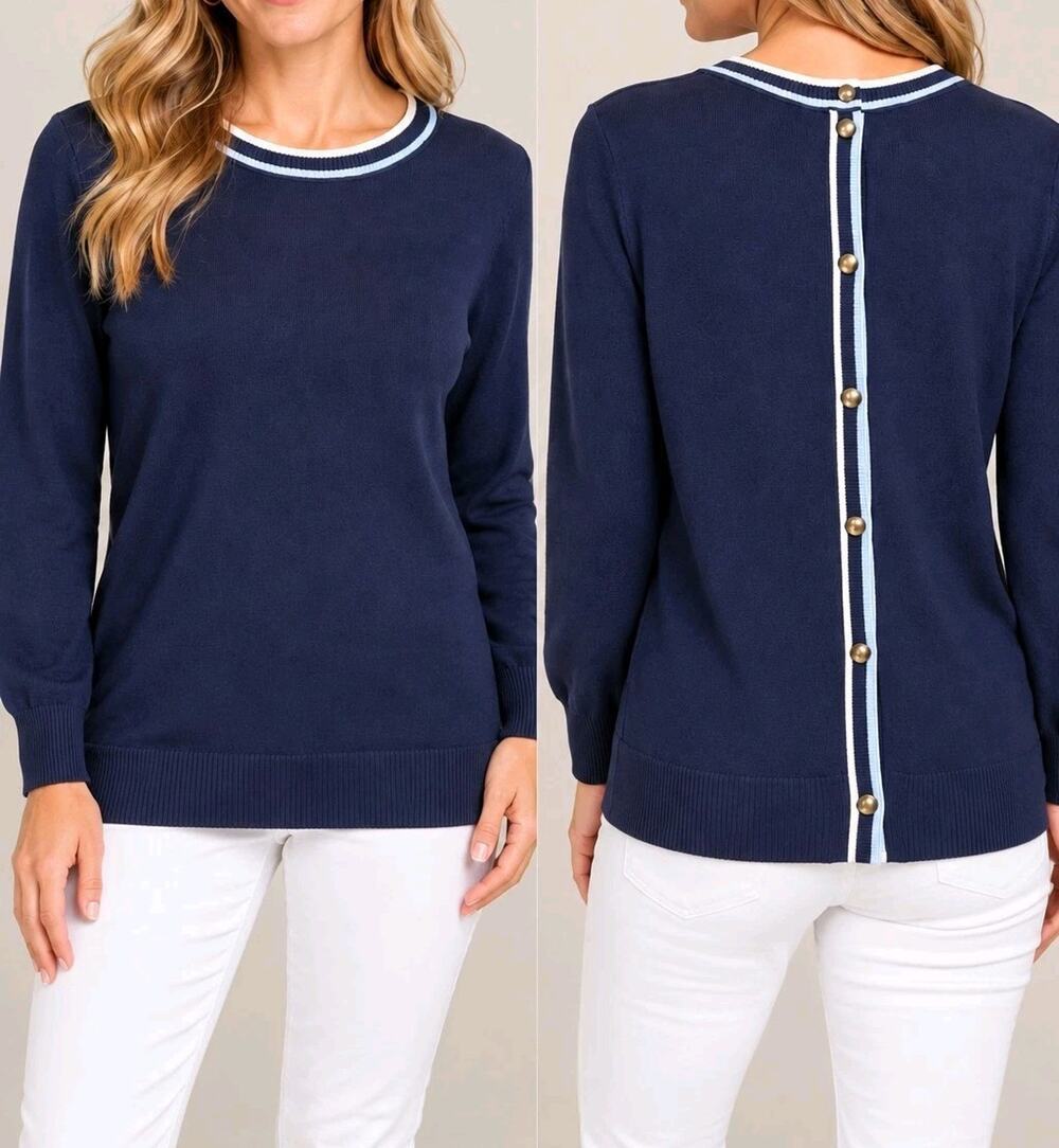 Joan Rivers Size Large Navy Button Back Sweater With Tipping A676543 NWOT